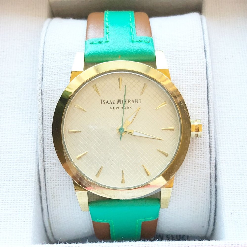 Issac Mizrahi Gold Tone Watch with Green/Tan Band
